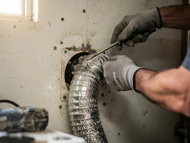 Huntington Park Dryer Vent Cleaning technician performing precise dryer vent hose installation in Huntington Park
